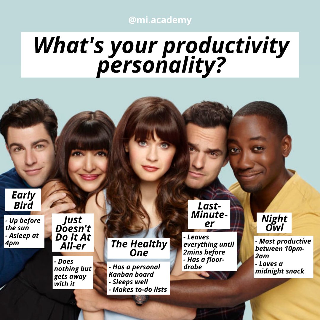 HEY GIRL, WHATCHA DOING?! 

Are you a Schmidt, Cece, Jess, Nick or Winston? Let us know! 

And if you're feeling spicy, send this to two friends and don't tell them who they are... 

What type of productivity personality best describes you?