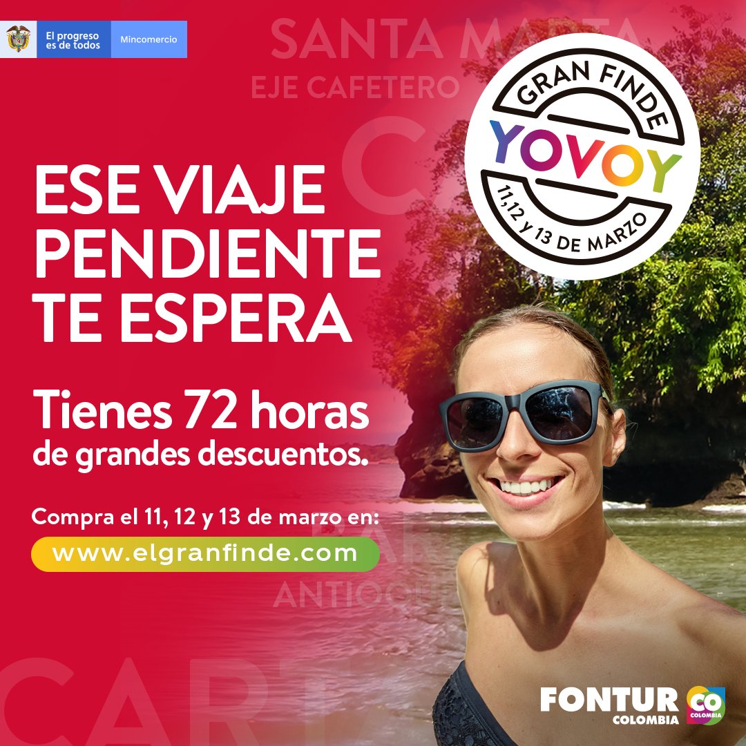 MincomercioCo's tweet photo. Es momento de decir #YOVOY a recorrer Colombia y aprovechar qué llega la quinta versión del #GranFinde desde el 11 hasta el 13 de marzo con tarifas especiales para todos los viajeros. https://t.co/517MdXDsLA