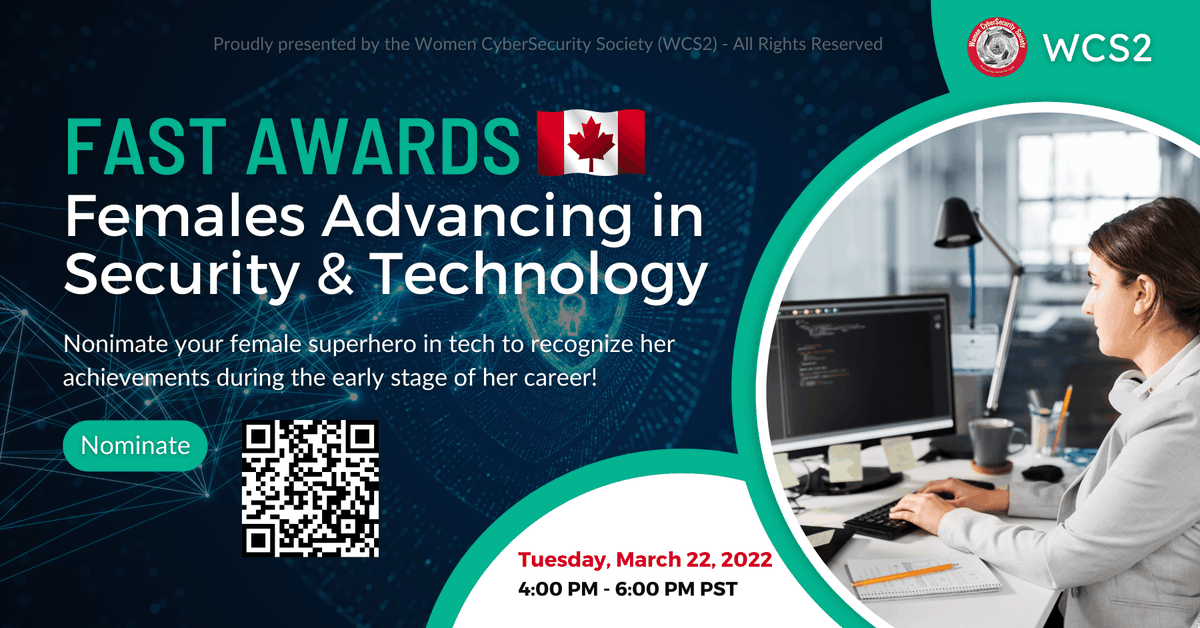 WomenCSSociety's tweet photo. ATTENTION: WOMEN IN SECURITY AND TECH!

Do you know a female 👩‍💻working in security &amp; tech with less than five years of experience who should be recognized for their 🏆achievements? 

Nominate today! NEW Deadline: April 10  

NEW EVENT DATE: April 19, 2022. https://t.co/Ph2JDqdD0F https://t.co/tvIAXPP1D8