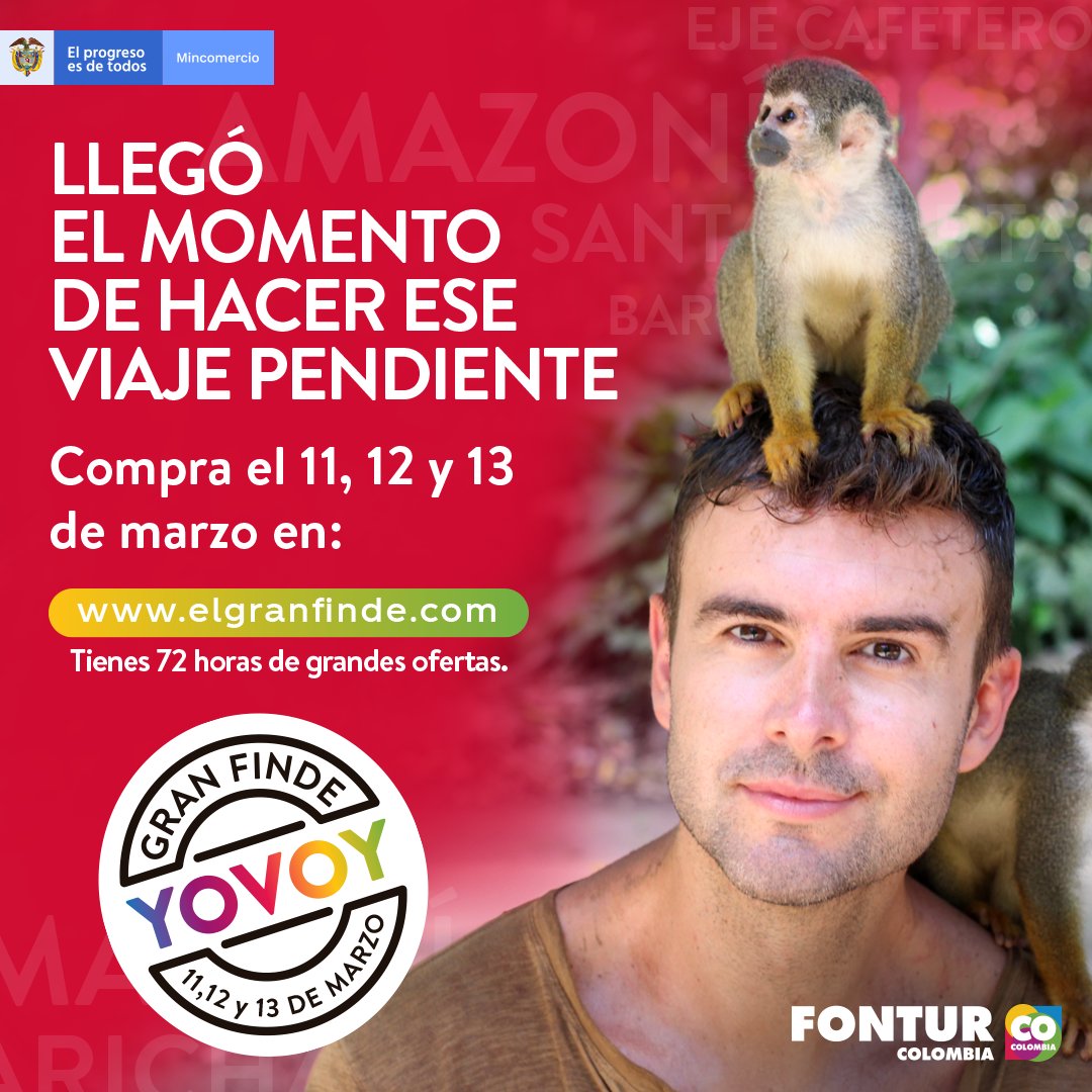 MincomercioCo's tweet photo. "¿Qué esperas para planear tus próximas vacaciones?
Aprovecha del 11 al 13 de marzo la gran cantidad de ofertas y descuentos que el #GranFinde tiene para que puedas recorrer Colombia con tranquilidad y redescubras toda su magia." @fonturcol https://t.co/xZqdXxdsmn