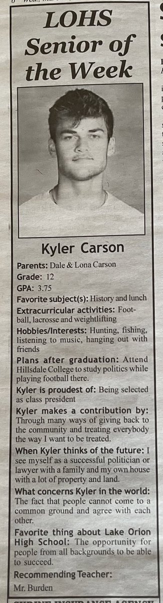 LkOrionHS's tweet photo. Congratulations Kyler on being named LOHS Senior of the Week! @LakeOrionReview https://t.co/6i0ap5Wr9a