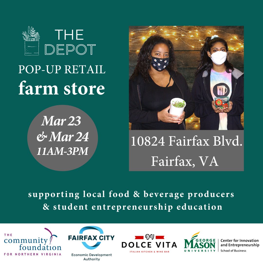 ciemason's tweet photo. Miss the local summer farmer’s market?

🌿🥬🥚🧀🍗🥩 
Don’t miss CIE's The Depot Pop-up Retail Farm Store!
💚Wed 3/23 &amp; Thu 3/24
💛11am-3pm
💚@dolcevitafairfax at 10824 Fairfax Blvd, Fairfax

George Mason students look forward to serving you at The Depot! https://t.co/6MpBxMyEOB