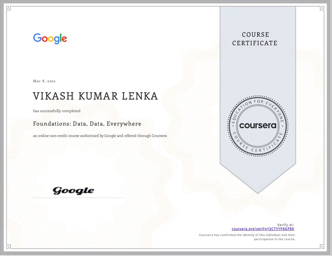 dhruvlenka's tweet image. Just learned the first course Foundation: Data, Data Everywhere of @Google Data Analytics Professional Certificate, this course is really amazing, i learned a lot, Thanks to @Google who offer’s this course and also thanks to @coursera. #Google #GoogleDataAnalytics #Coursera
