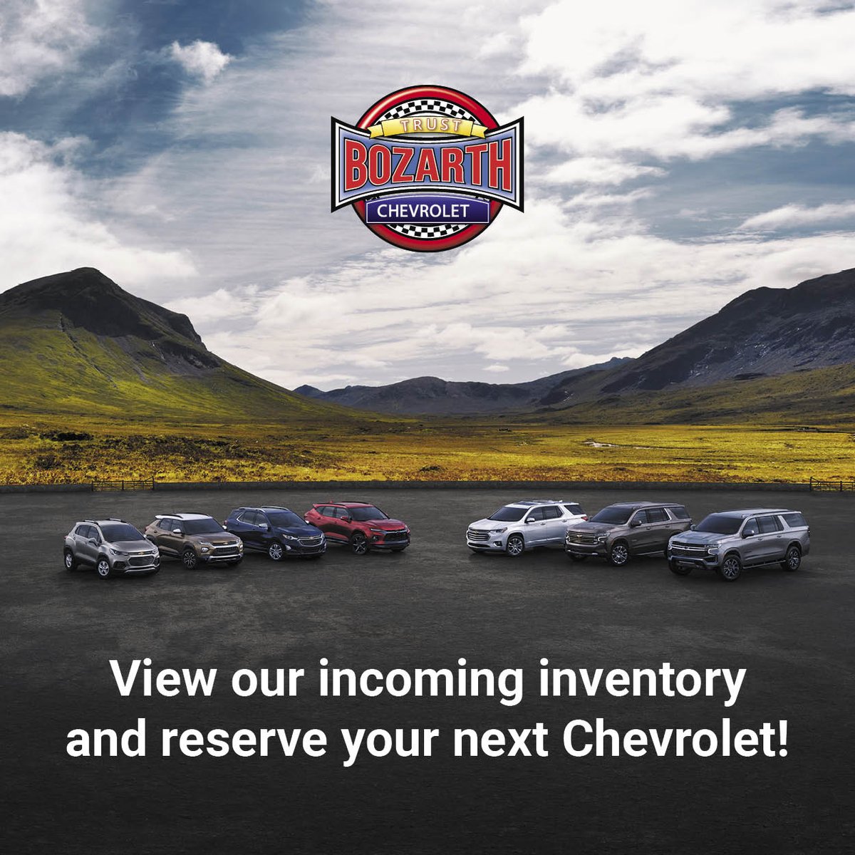 BozarthLoneTree's tweet photo. Reserve your next vehicle that's inbound to Bozarth Chevrolet so you can be the first to drive it when it arrives! See what's available at https://t.co/7QBVq5FzzG
#BozarthChevrolet #Chevy #Chevrolet #Inventory #LoneTreeDealership #Dealership #ChevyDealership https://t.co/R32Jg6GzxZ