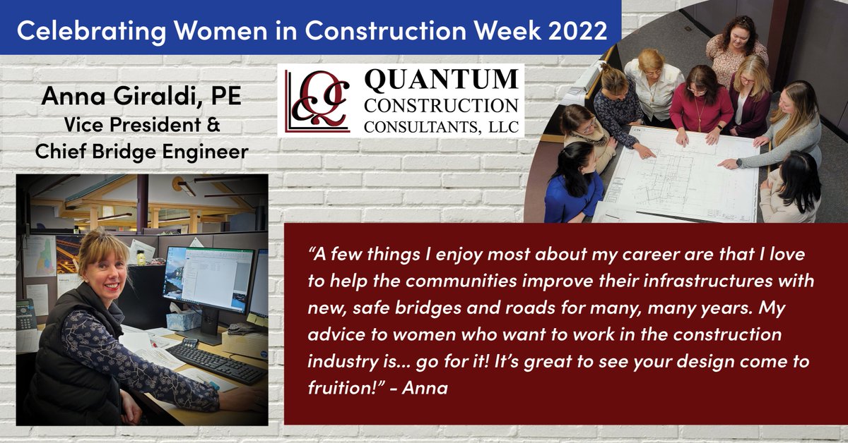 It's Women in Construction Week! Today we celebrate Quantum Construction Consultants, LLC's Vice President and Chief Bridge Engineer, Anna Giraldi, PE!  

#WICWEEK2022 #abcnhvt #womeninconstruction