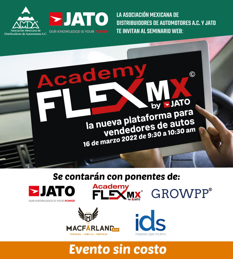 AMDAMX's tweet photo. Invitación al #webinar Academy #FLEXMX de @JATOMexico, la nueva herramienta para #vendedores de #autos. Más información en la imagen y registro aquí: https://t.co/6KkwqYQexU https://t.co/qbwJYIEALz