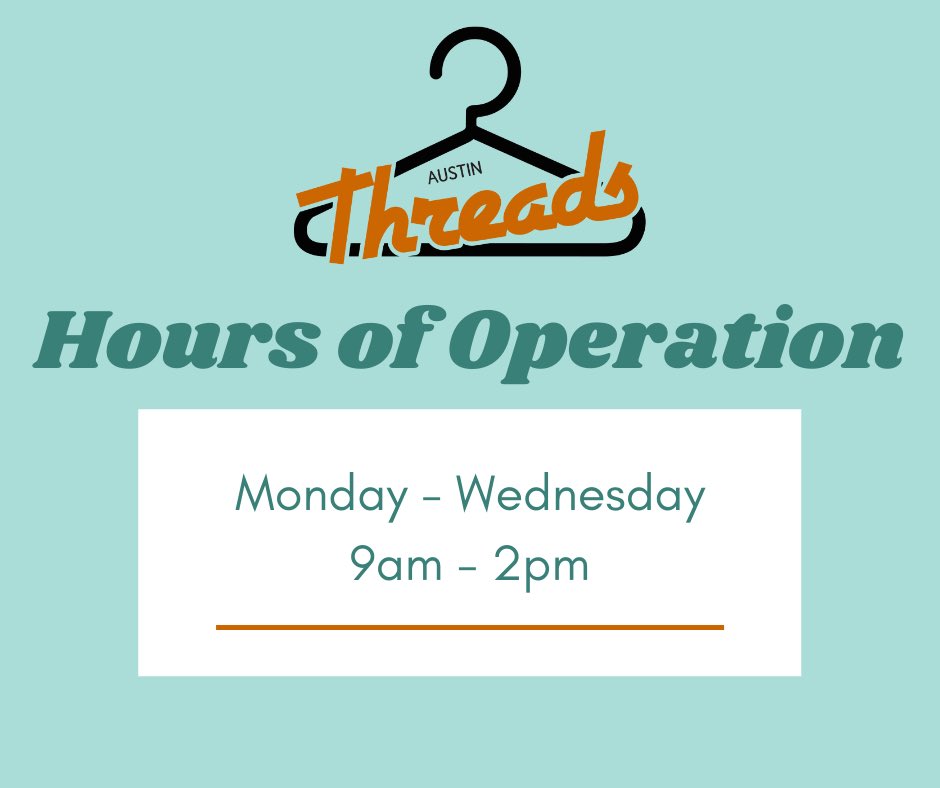 Austin_Threads's tweet photo. (1/2) New Hours Alert! Effective immediately &amp; indefinitely, our shop hours will change to: 
Monday- Wednesday 9am-2pm Thursday - Sunday CLOSED
We will still be accepting referrals &amp; scheduling shopping appointments for the times we are open, as well as bag pickup coordination… https://t.co/elICTtZD8q