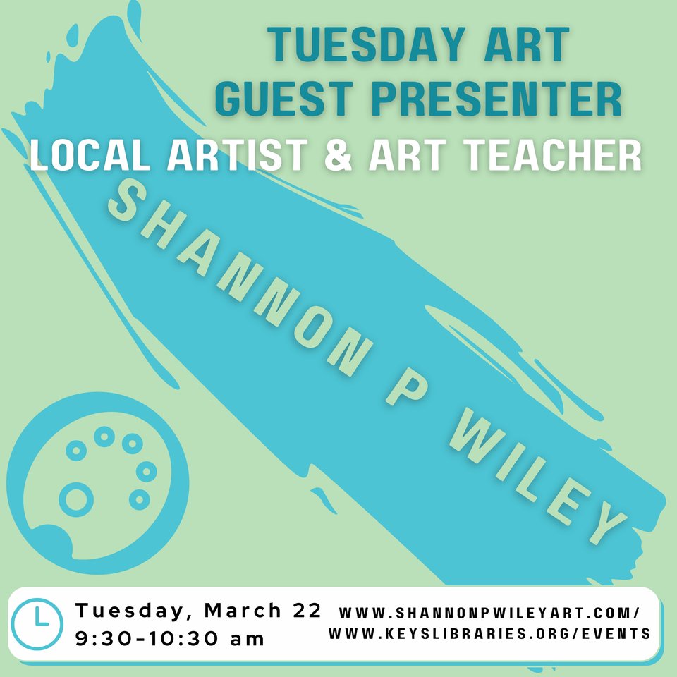 Join us for a guest presentation with local artist &amp; art teacher, Shannon P Wiley
He will be showing his work, discussing his personal style, the acrylic medium &amp; other mediums
Tuesday, March 22, 9:30 am
#ShannonPWileyArt
shannonpwileyart.com