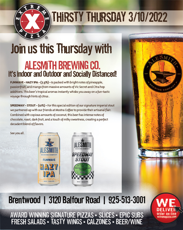 Extreme_Pizza's tweet photo. Join us at Extreme Pizza Brentwood, CA today for AleSmith Brewing Company's Funwave Hazy IPA and Speedway Stout! Our weekly #ThirstyThursday event is finally here! See you all. @AleSmithBrewing #craftbeer #pizza #brentwood #beer #funwave #stout https://t.co/piPygqFyLE
