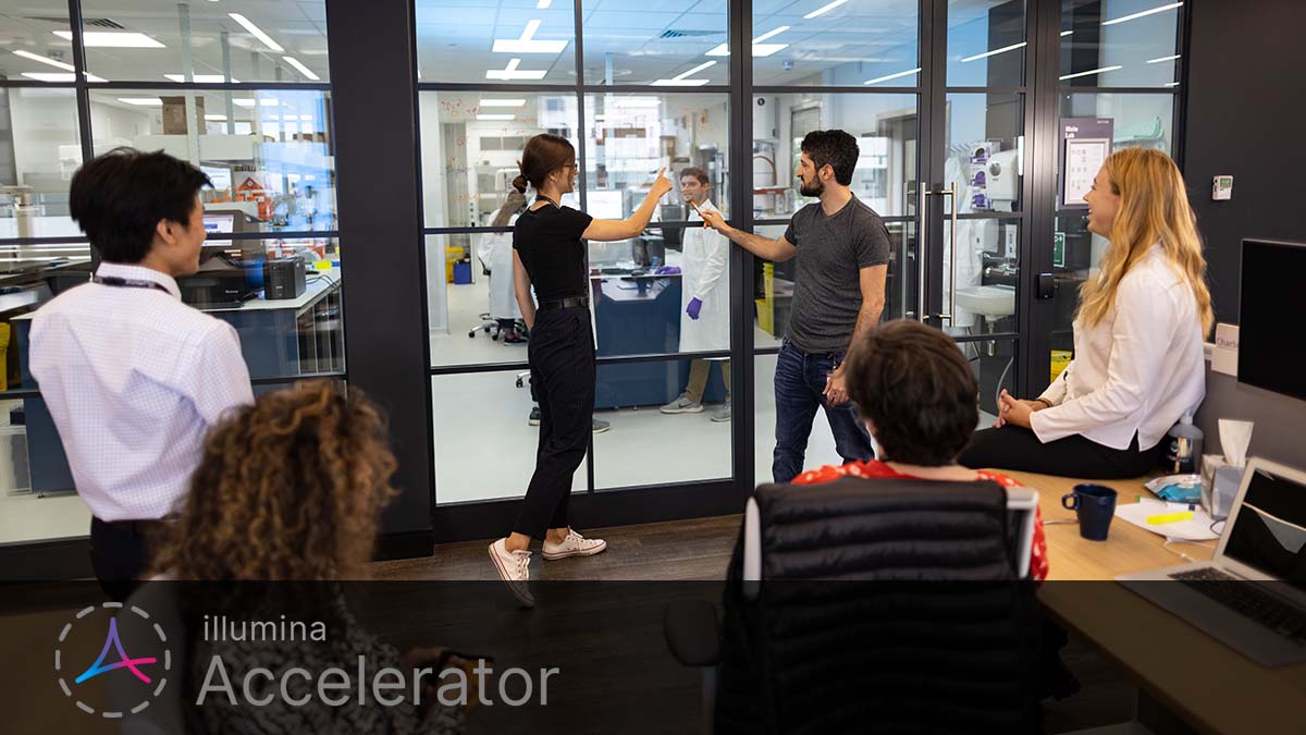 Illumina Accelerator brainstorm session amongst six people.