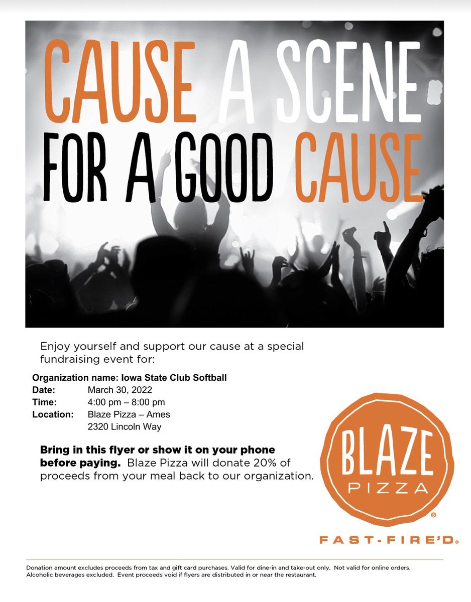 Fundraiser!!! We will be having raising money for our team on March 30th from 4-8 PM at the Blaze pizza in Ames, Iowa! Make sure you show this flyer or for online orders uses code “1229A” in the promo code section! We can’t wait to see everyone and hope you can make it! Yeah Red