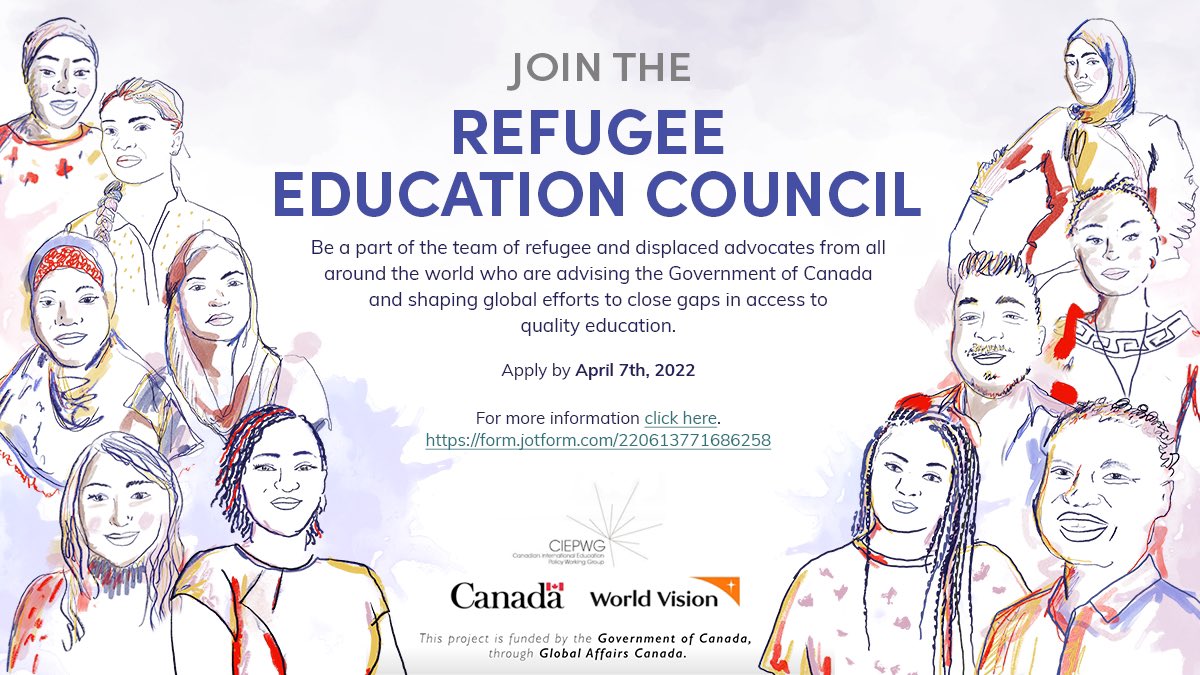 RECforLearning's tweet photo. Applications to the Refugee Education Council are open! Join young refugee and displaced advocates from around the world and help shape global education decision-making.
 
Apply by April 7th at https://t.co/jc3jRY9aOA

#TogetherforLearning @canadadev @worldvisioncan https://t.co/dwOGscDmcB