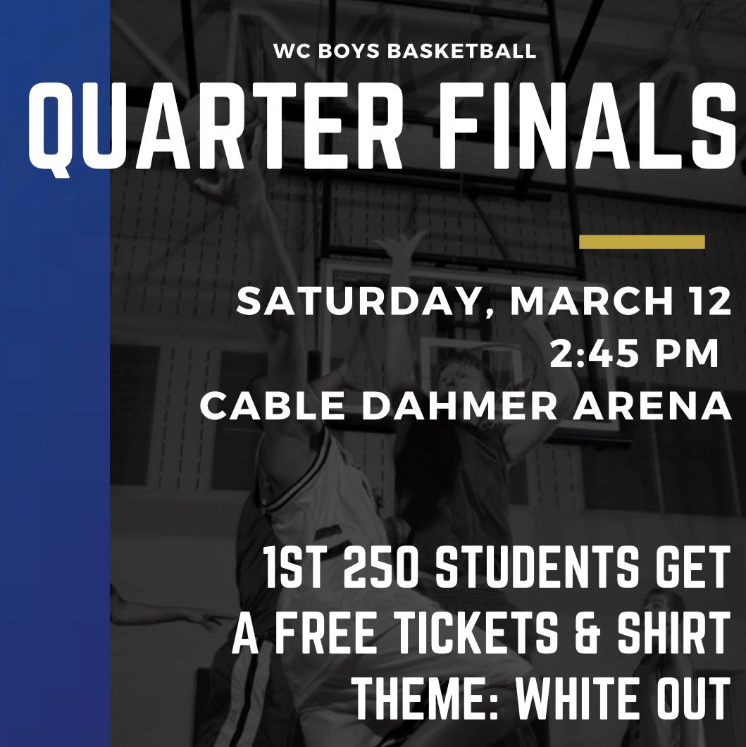 Saturday <a href="/Chrisman_hoops/">WC Basketball</a> plays in the quarter finals! And thanks to <a href="/WC_Athletics/">Watson Chapel Athletics</a> <a href="/WcBoosterclub/">WC BoosterClub</a> and <a href="/ISDSchools/">Independence School District</a> the first 250 WC students get a FREE SHIRT AND FREE TICKET IN! 
⚪️Theme is WHITE OUT⚪️
Retweet this and get the word out!