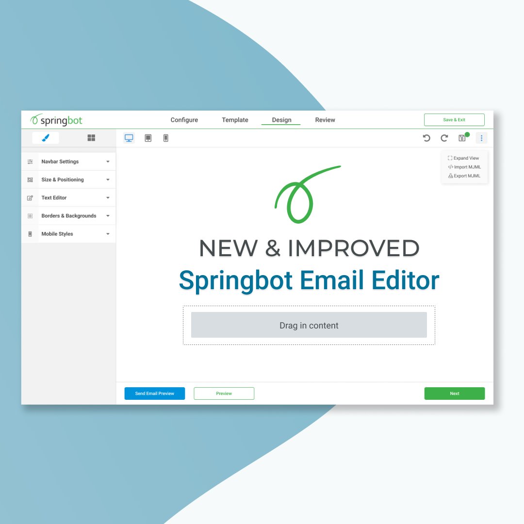 springbot's tweet image. ICYMI: The Springbot Email Editor just got a facelift!

💚 New, left-hand navigation contains all of the settings &amp;amp; tools you need in one place
🖼️ Drag &amp;amp; drop image functionality
🖱️ Drag &amp;amp; drop products editor
📱 Updated social links &amp;amp; icons
🔘 Easily add &amp;amp; customize buttons