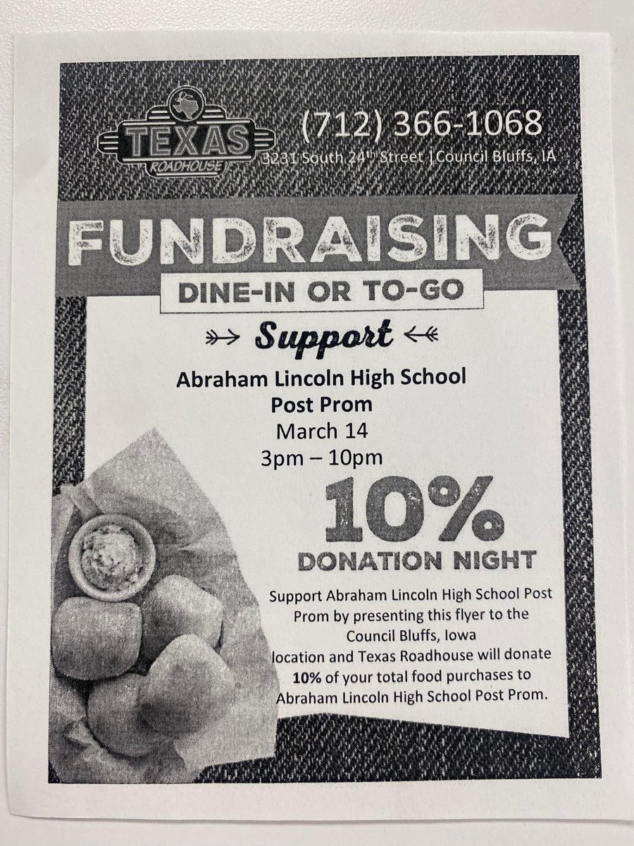 CBALSeniors's tweet photo. Save the date for this fundraiser to help the AL Post Prom! 

✅Monday, March 14th
✅3-10PM
✅Dine in or carry out.
✅Present a flyer or show them the picture. https://t.co/uwe34ncgJb