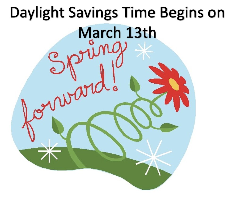PurcellDragons's tweet photo. Daylight Savings Time begins on March 13th.  Move clocks forward one hour.  Bring on the sunshine! https://t.co/CM7UPb3bfM