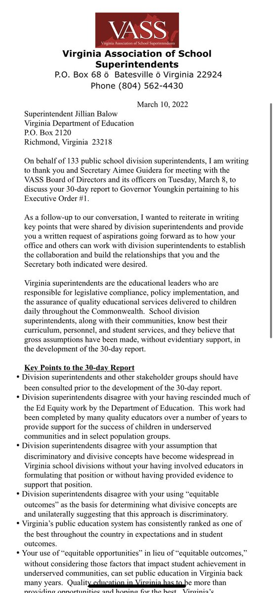 bymellbarclay's tweet photo. In a letter, 133 Virginia school superintendents chided Youngkin’s education department over its audit that broadly scrapped diversity resources offered by the state. They said the report could “set public education Virginia back many years,” protested not being consulted. https://t.co/8fYwVsevie