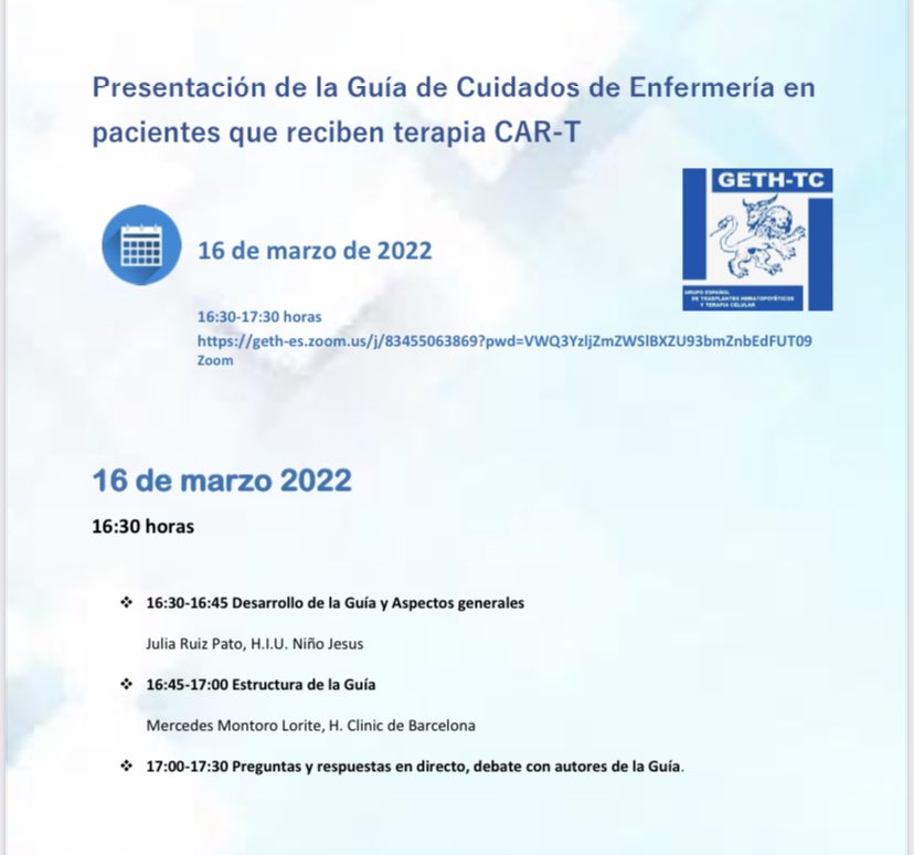 GETH_info's tweet photo. Este miércoles 16 de Marzo el Grupo de Enfermeria del Geth os espera para la presentación de la Guia de Cuidados de Enfermeria para pacientes que reciben Terapia Car T inscribios ya en  https://t.co/onK7I0kuU4  @TheEBMT_Nurses #guidelines #education #nurse https://t.co/YNeYPovQot