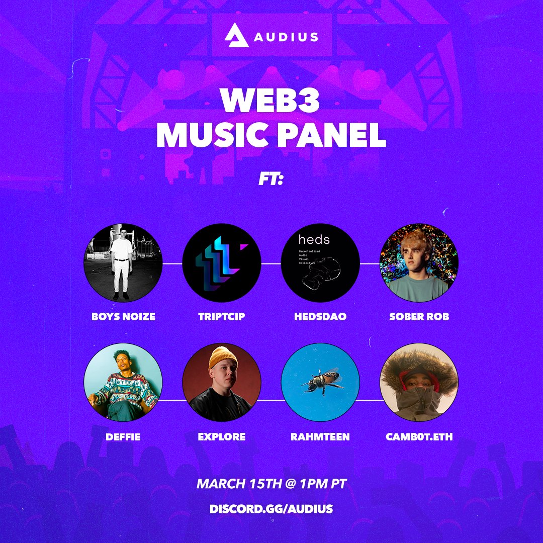audius's tweet image. We're back with another Web3 Music Panel 🥳

Join representatives from Rave Pigs, Triptcip, and hedsDAO on March 15th @ 1PM PST to discuss the intersections between music and web3 🎙️

RSVP: discord.gg/RnazBvDUHp?eve…