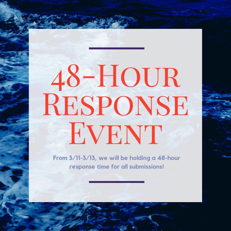 Our first 48-hour response event for Issue V: FACADE will begin tomorrow! All submissions received between 3/11-3/13 11:59 EST will receive a response within 48 hours 💙💙

theaugmentreview.weebly.com/submit.html