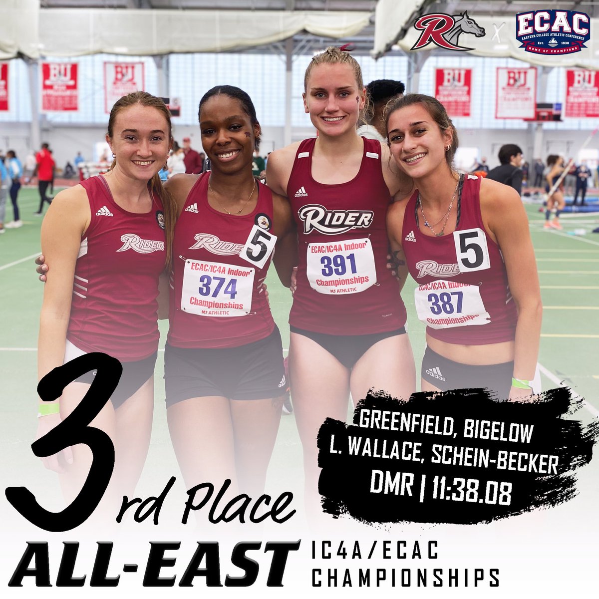 RiderXCTF's tweet photo. ALL EAST! @kenzgreenfield, @dyanibigelow, @LydiaWallace_17 and @teagyyluvs earned All East honors for their 3rd place finish in the distance medley relay in a school record time of 11:38.08 at the ECAC Championships! #GoBroncs

@riderathletics https://t.co/hm6eOnQkzD
