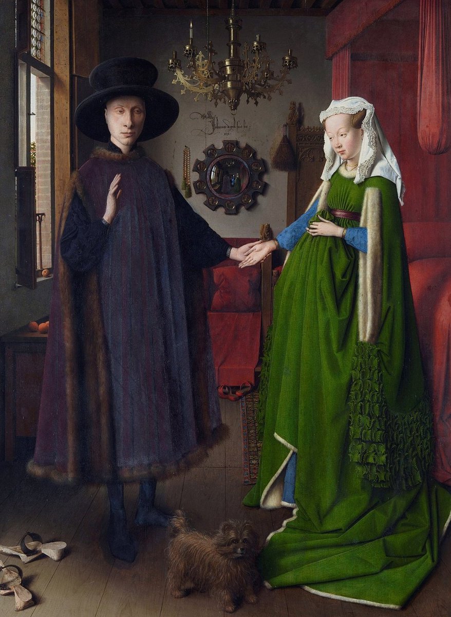 NikSamotracia's tweet photo. Hoy os voy a hablar de una conocida pintura realizada en 1434 por Jan van Eyck, 'El matrimonio Arnolfini'.

Pero antes la vamos a imaginar con un halo de misterio porque símbolos y teorías no le faltan.
¿Está embarazada? ¿No está embarazada?

Vamos a verlo. https://t.co/64mtBt36pR
