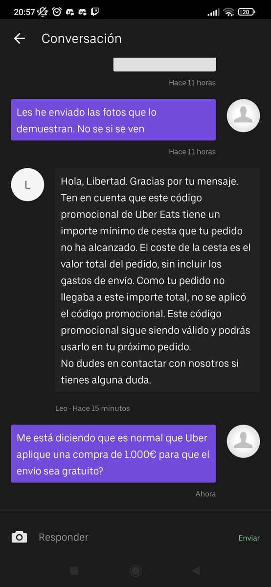 l0baaX's tweet photo. Ese momento en el que @Uber  @UberEats  @Uber_ES ve adecuado que se deba hacer una compra de 1.000€ a un restaurante para un envío gratuito y no sea capaz de ver su propio error. Muy grandes, señores. ¿Pido regularmente pos su app para este tipo de servicio?

@LeaksUberCabify https://t.co/SrbjTzHa9Y