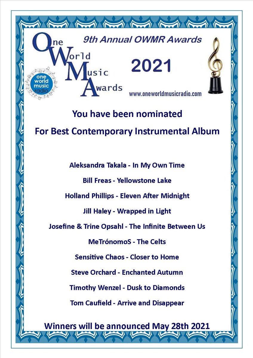 Mi álbum "The Celts" está nominado a mejor álbum instrumental contemporaneo en los 9º premios de One World Music Awards 2021.
Estoy realmente emocionado y sorprendido por el evento.