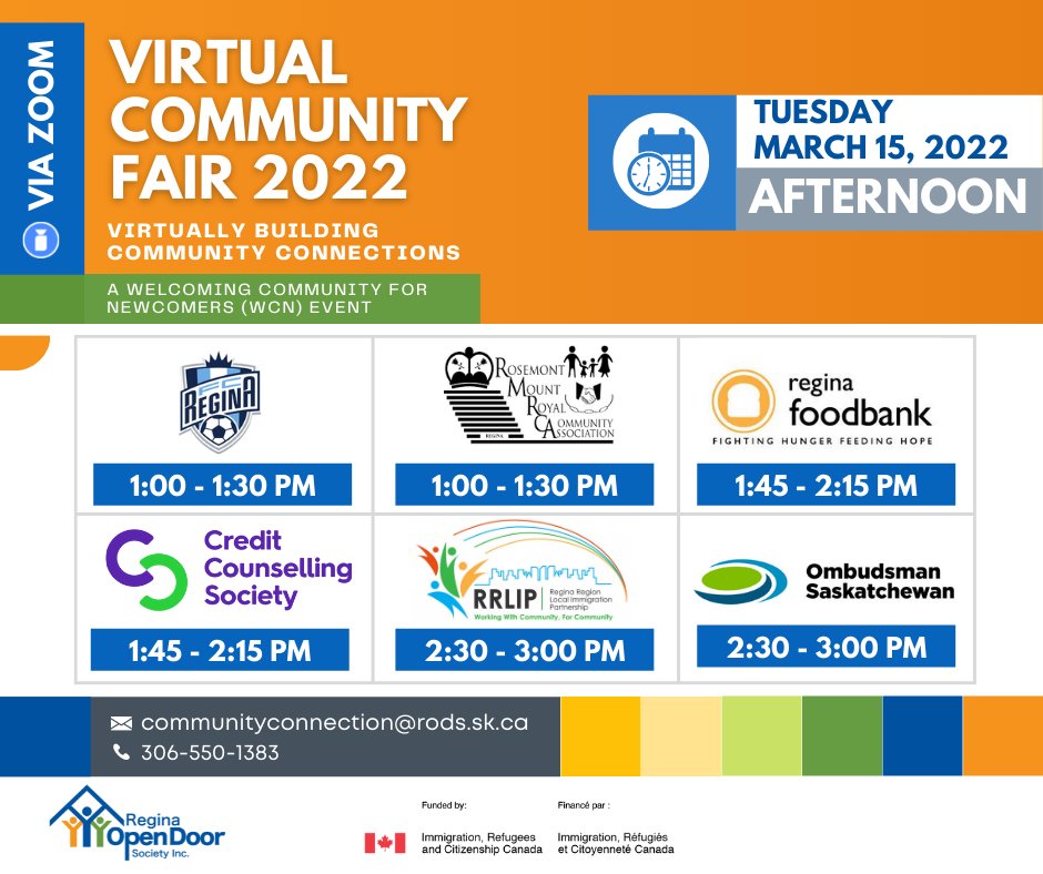 ReginaOpenDoor's tweet photo. Our Virtual community fair 4 days away!
Here is the Tuesday afternoon lineup: @FCReginaSoccer Regina, Regina Mount Royal Community Association, @ReginaFoodBank, @CrdtCounselSoc, RRLIP, and @SK_Ombudsman
https://t.co/Kz2G9zxH1n
#virtualcommunityfair #immigrationmatters #YQR https://t.co/qHqb1YAa7W