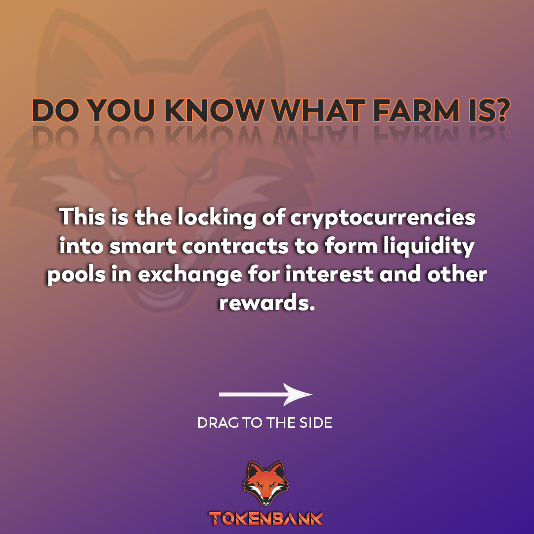Tokenbankof's tweet photo. Do you know what FARM is?
This is the locking of cryptocurrencies into smart contracts to form liquidity pools in exchange for interest and other rewards.
Soon you will be able to keep your tokens safe and also generate revenue through it.
#tokenbank #tbank #tokenbankexchange https://t.co/hftdmf5uce