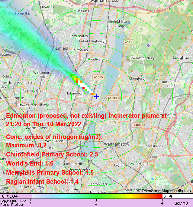 plumeplotter's tweet photo. Latest Edmonton (proposed, not existing) incinerator plume plot, 21:20 10/03/22 #WorldsEnd #PottersBar #WaterEnd https://t.co/ue2w4O0AUu https://t.co/bvGY0uNpqd