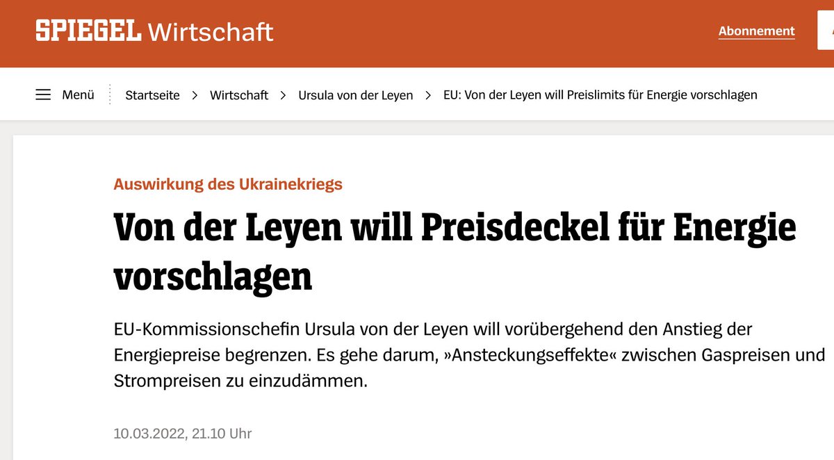 Well, here we go: President of the European Commission von der Leyen proposes price caps for energy as an emergency measure. 
Don't call her names, please. 
spiegel.de/wirtschaft/eu-…