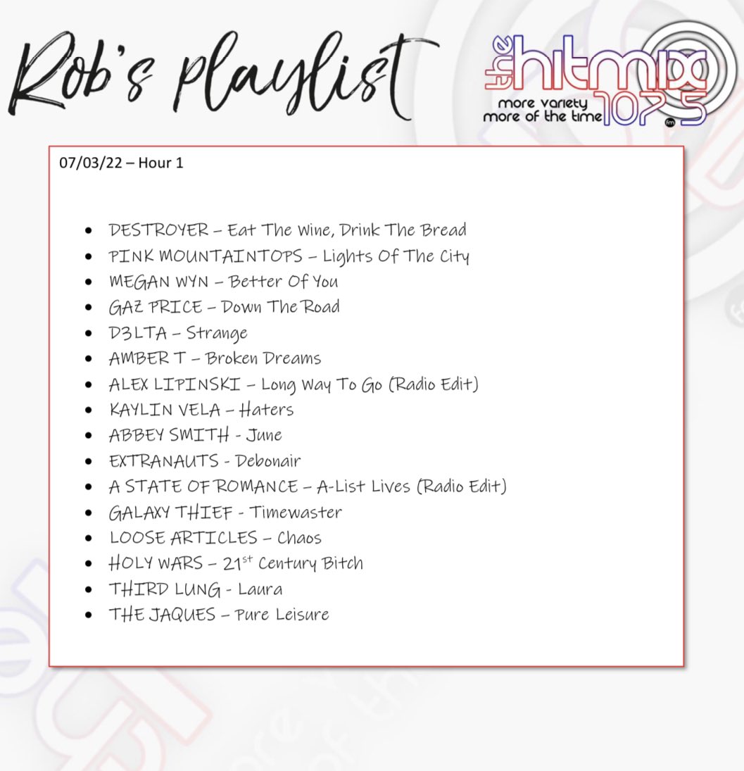 Hour 1 <a href="/thehitmix/">The Hitmix 107.5 FM</a> I played The supersonic <a href="/extranauts/">Extranauts</a> forthcoming single “Debonair” which is released Friday 11th March so get pre-saving ! Also played <a href="/megannwyn/">Megan Wyn</a> <a href="/alexlipinski1/">Alex Lipinski</a> <a href="/kaylinvelasings/">Kaylin Vela</a> <a href="/_LooseArticles/">Loose Articles</a> <a href="/ThirdLungUK/">THIRD LUNG</a>