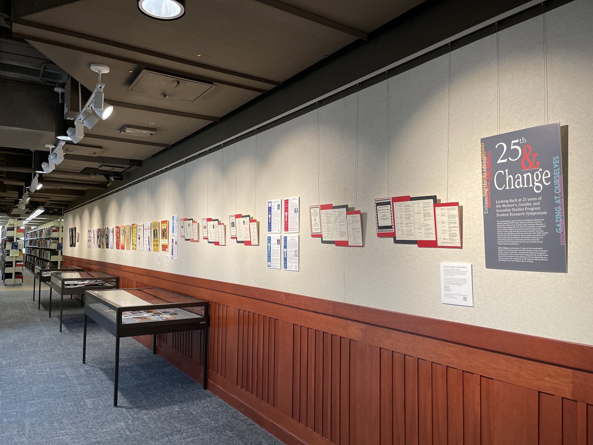 ISUMilnerSPC's tweet photo. The @ISUWGSS 25th Annual Symposium retrospective exhibit technically opens on Monday, but it's almost fully installed so we wanted to share. Also, a huge shoutout to @ISUArchives for letting us borrow those amazing deconstructed programs from the first few years! #LibraryExhibits https://t.co/hvLaYRDyxc