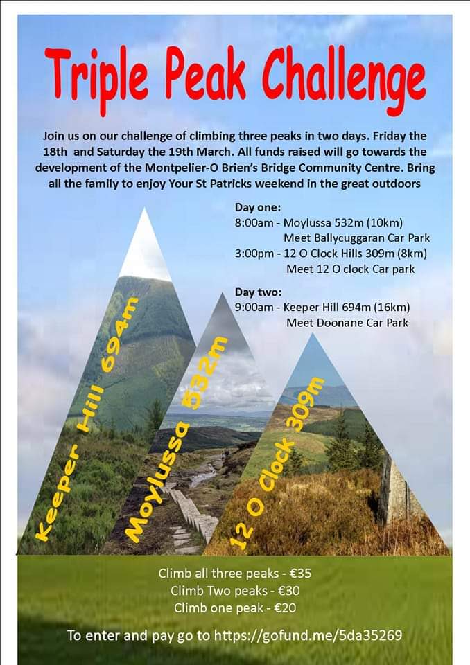 Anyone on the Limerick-Clare-Tipp border up for a hike (or 3) this Paddy's Weekend? We're raising funds to redevelop the old school in Montpelier into a community centre that will offer social activities for all ages. To donate, visit gofundme.com/5da35269 Any Qs, pop me a DM