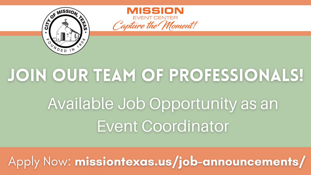 Join our team of professionals! We have an available job opportunity as an Event Coordinator. Visit missiontexas.us/job-announceme… to apply 😊