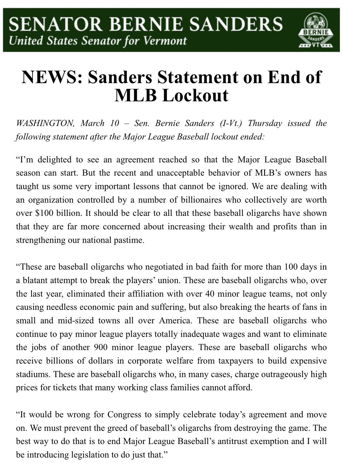 [情報] Bernie Sanders誓言要終結MLB的寡頭們