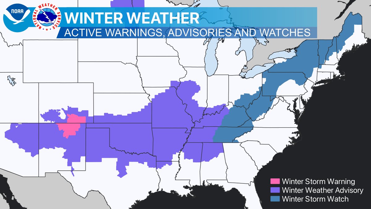 NWS's tweet photo. A wide swath of winter weather products are in effect, stretching from Arizona in the west, to Maine in New England. Find and follow your local NWS office at https://t.co/GWrG0hTRHN for details on what to expect in your area. https://t.co/Y6j9Bb7g4R