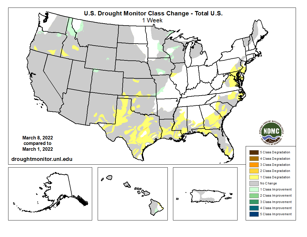 The weekly #drought monitor update: Current classifications and the change in class change since last week. A few areas of improvement in the northern U.S., but many areas of degradation in the South and Atlantic coast.