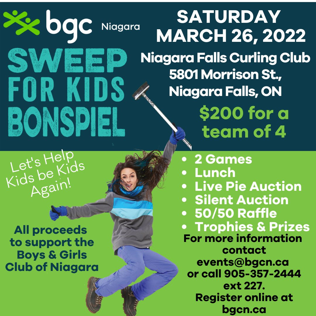 Registration is now open for our annual Sweep for Kids Bonspiel!
All skill levels welcome from new players to league curlers.
All proceeds to go to the BGC Niagara.
Visit bgcn.ca for more details.