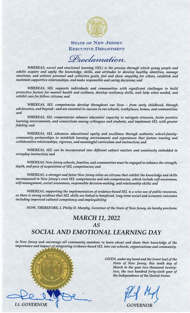 IT'S OFFICIAL! 🎉 Governor Phil Murphy has proclaimed Friday, March 11, as #SELDay in New Jersey. Thank you <a href="/GovMurphy/">Governor Phil Murphy</a> for supporting &amp; committing to SEL! 😊

Join us in celebrating #SELDay by posting on your social media accounts with the hashtag #SELDay and tagging us <a href="/SEL4NJ/">SEL4NJ</a>!