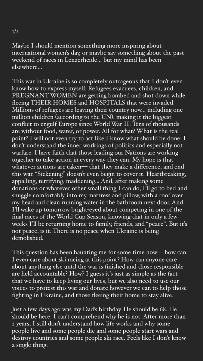 MikaelaShiffrin's tweet photo. Maybe I should mention something more inspiring about intl. women’s day, or maybe say something about the past weekend of races in Lenzerheide… but my mind has been elsewhere…

This war in Ukraine is so completely outrageous that I don’t even know how to express myself…cont. https://t.co/FS0AV371ck