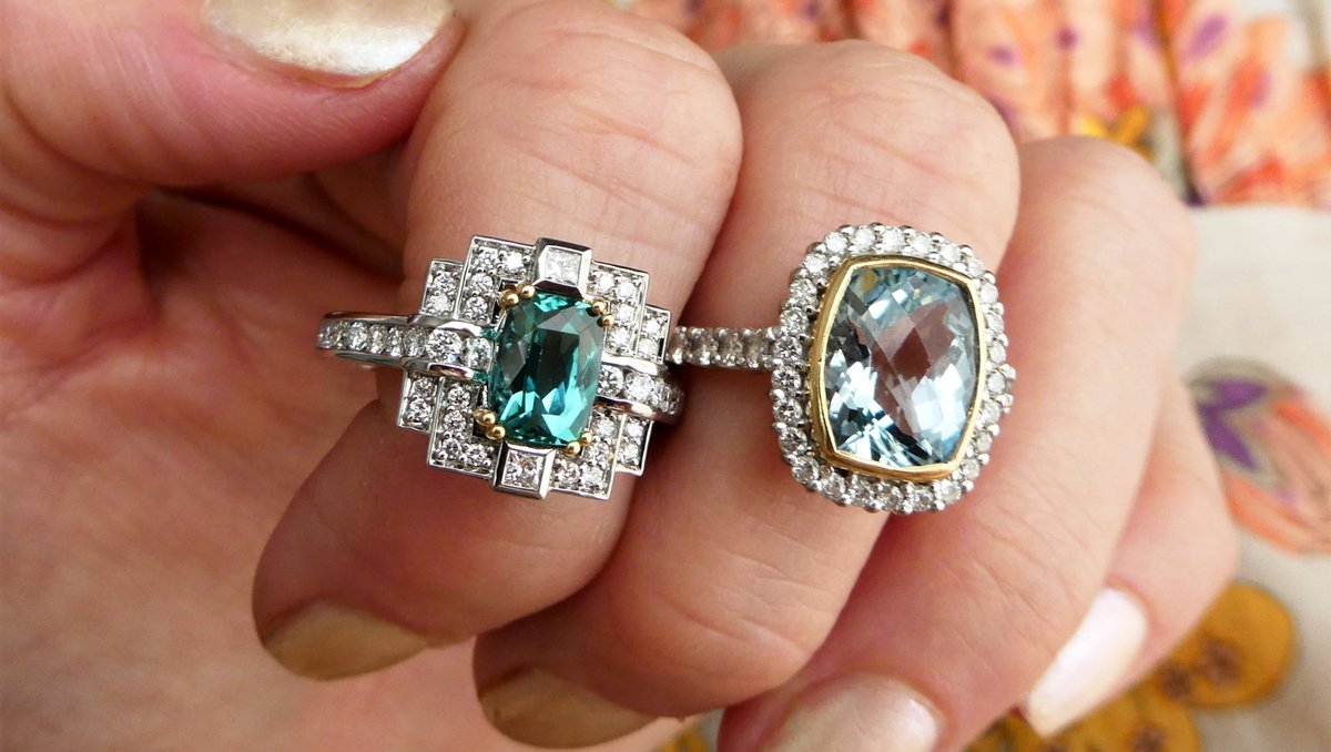 beryllane7's tweet photo. Decisions, decisions. Are you team Mint #Tourmaline or Blue #Aquamarine ?
Both of these contemporary #rings have a striking presence, similar in the fact they're two-tone 18ct gold clusters, but poles apart in their designs! Both are available on https://t.co/098MLzFtWk #jewelry https://t.co/2gK67KoM0W