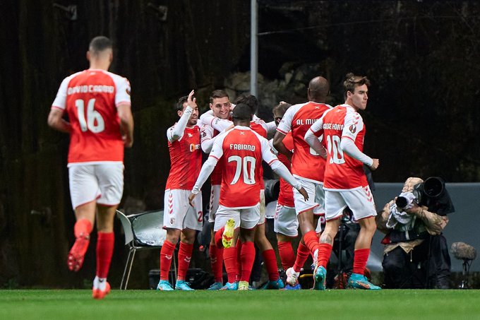 Braga-Monaco maçında Braga oyuncularının gol sevinci
