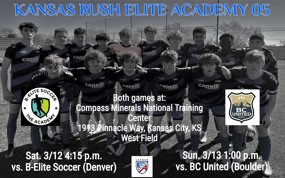 Come check us out this weekend as Kansas Rush Elite Academy 05 takes on B-Elite Soccer EA 05 and BC United EA 05, each making the trip in from Colorado.  Thank you to our US Soccer host for digging out the snow so we can play!