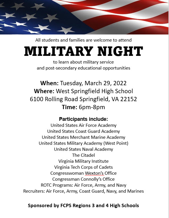 Come to Military Night at West Springfield HS THIS TUESDAY, March 29th from 6-8pm. Reps from Military Academies, Military Colleges,  ROTC Programs, Recruiters, &amp; Congressional Offices will be there. RSVP thru your FCPS Google account: docs.google.com/forms/d/e/1FAI….