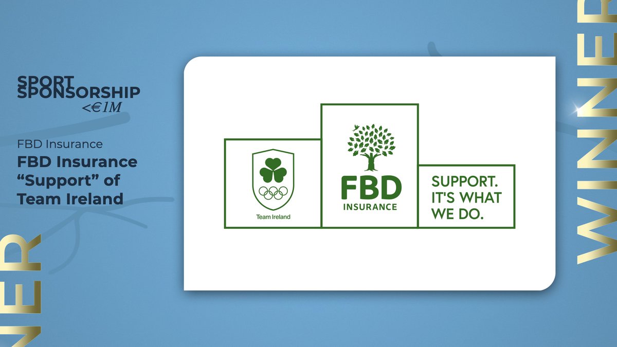 EuropSponsAssoc's tweet photo. 🏆 Sport Sponsorship < €1M – the winner is...
FBD Insurance “Support” of Team Ireland
Congratulations FBD Insurance @fbd_ie @TeamIreland @WilsonHartnell 👏
For more on the campaign 👉 https://t.co/hctXOb243v
#ESAawards https://t.co/I5CJcJLBCJ