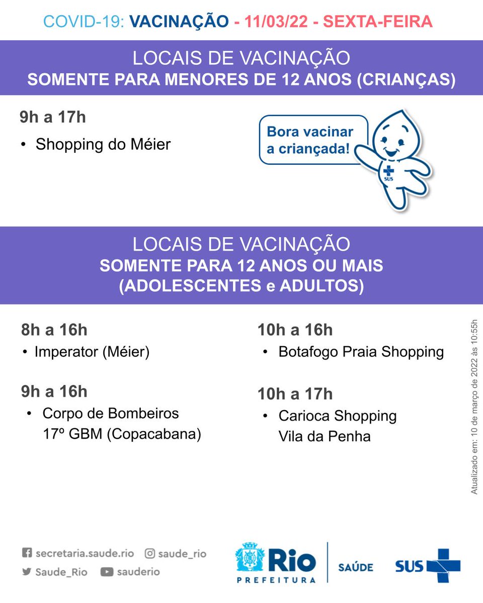 Saude_Rio's tweet photo. Atenção aos locais e horários da vacinação contra covid-19 e dos centros de atendimento a pacientes com sintomas gripais nesta sexta, 11 de março.

💉 Todas as pessoas com 5 anos ou mais podem receber a primeira dose.

#RioPelaPrevenção #SóVem @Prefeitura_Rio https://t.co/NRqNRPb41H