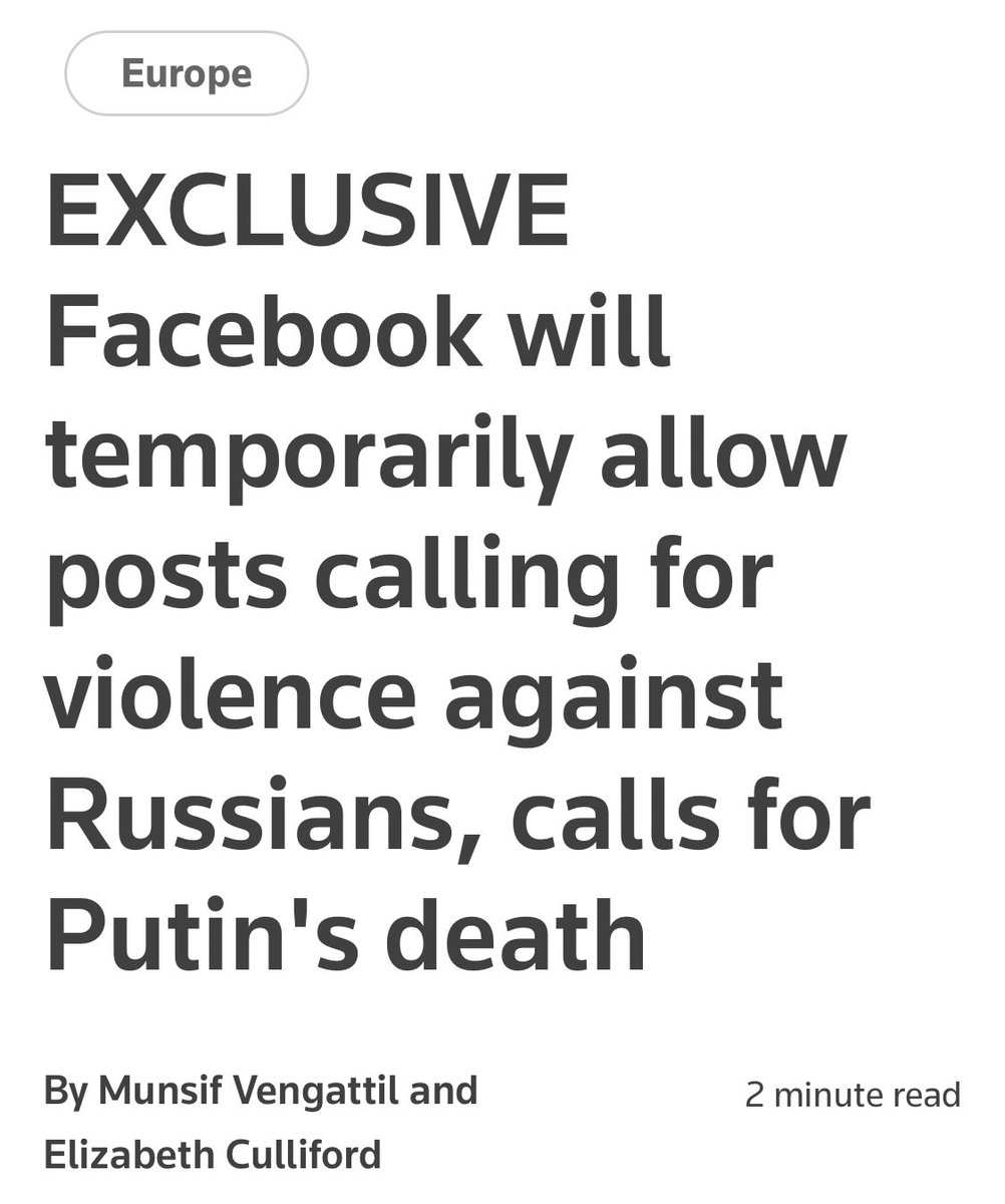 SanaSaeed's tweet photo. Facebook is changing its hate speech policy so that some users can call for violence against Russians. And you can support the ‘good’ Nazis too. https://t.co/AT21ykBzW5