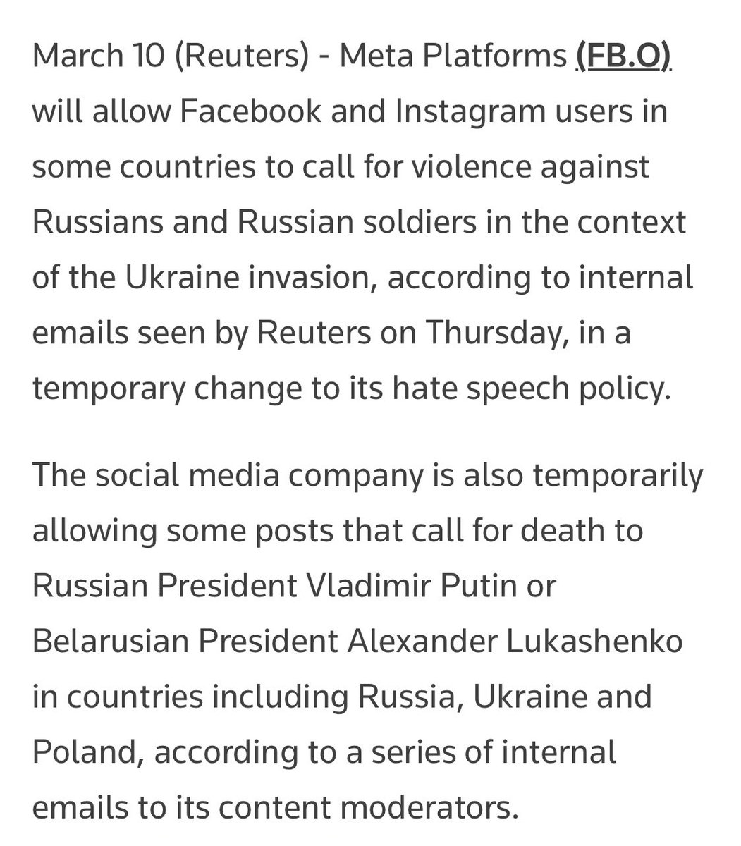 SanaSaeed's tweet photo. Facebook is changing its hate speech policy so that some users can call for violence against Russians. And you can support the ‘good’ Nazis too. https://t.co/AT21ykBzW5